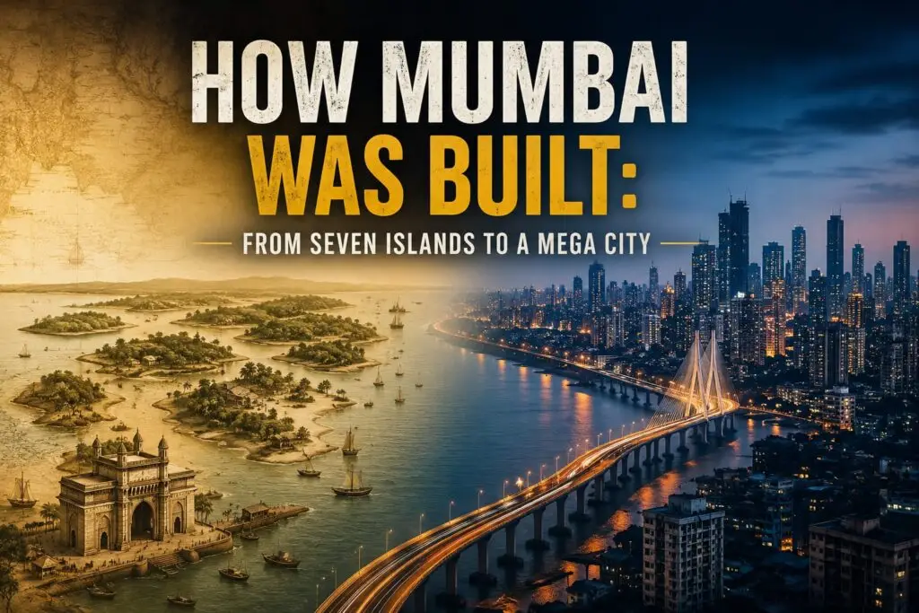 Historic illustration showing the transformation of Mumbai from seven islands into a modern mega city.