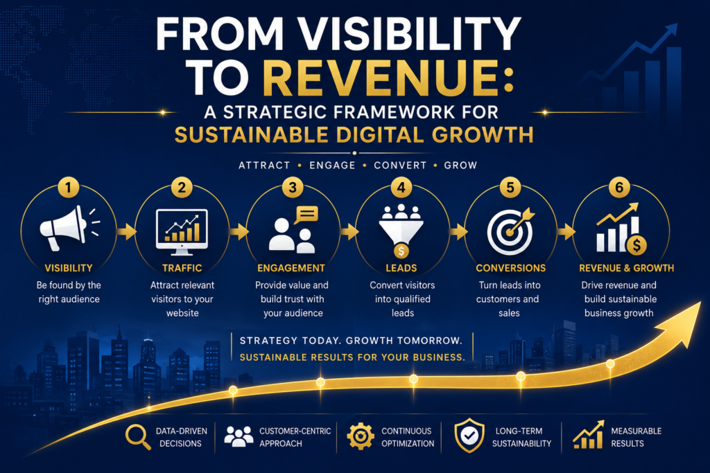 Digital growth strategy showing the journey from online visibility to leads conversions and revenue