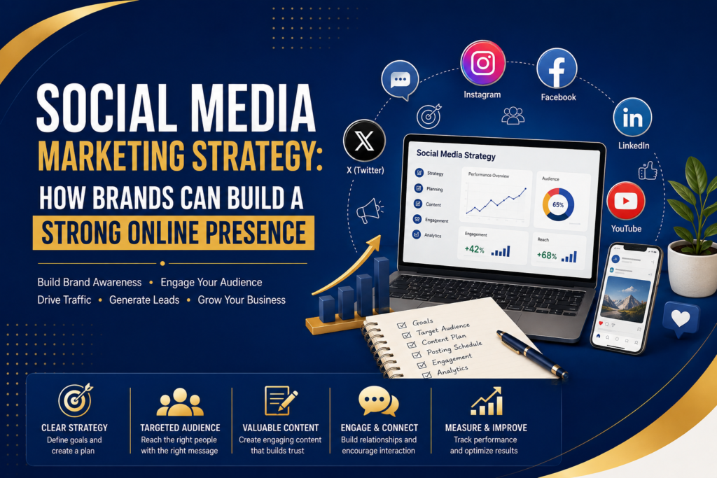 Professional illustration showing a social media marketing strategy for brands using Facebook, Instagram, LinkedIn, YouTube, and analytics to build a strong online presence.